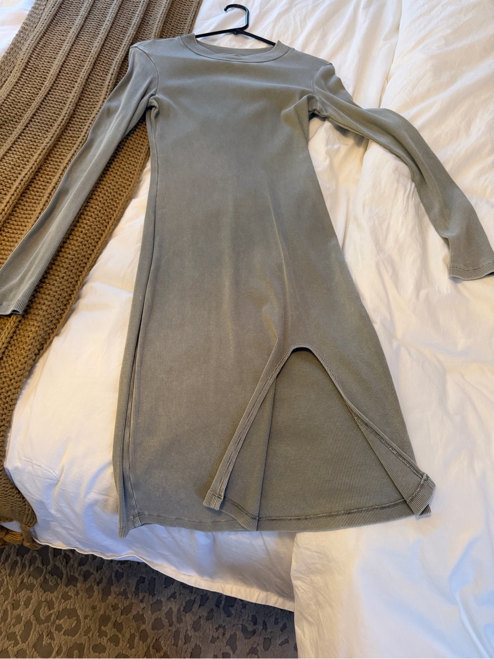 Young Fabulous and Broke Sage Green Long Sleeve Ribbed Knit Dress with slit